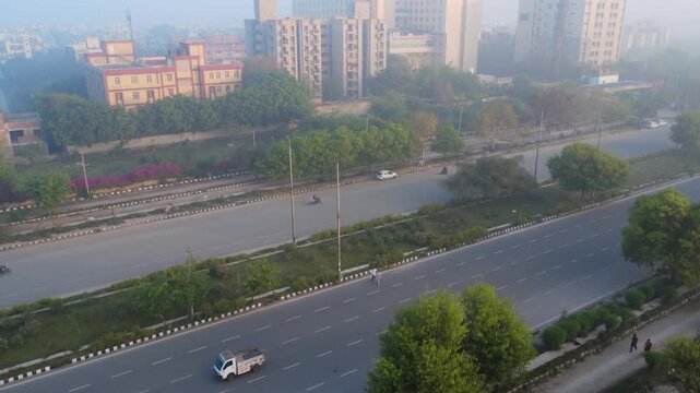 4K Drone shot of Sector-21, Sector-22, Rohini, Delhi, Maharaja Agarsen Hospital and Highway morning shot.