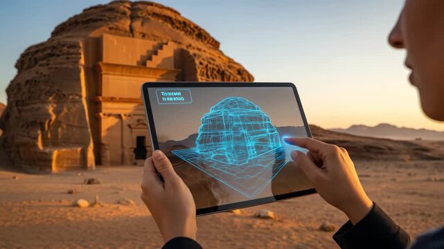 a modern archeologist at the Hegra UNESCO site using a transparent tablet to view an AR 3D reconstruction of a Nabataean tomb. Blending ancient ruins with futuristic tech.