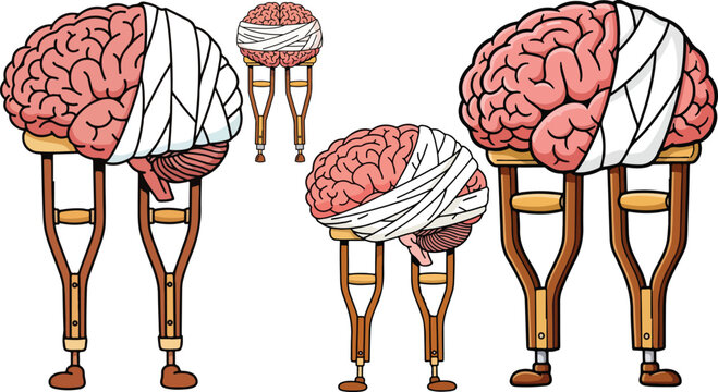 Collection of cartoon human brains with bandages and crutches symbolizing injury recovery or mental health struggles on transparent background
