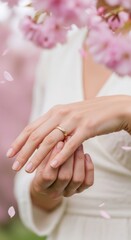 Fototapeta premium Close-up of a woman's hand wearing a ring under a cherry blossom tree