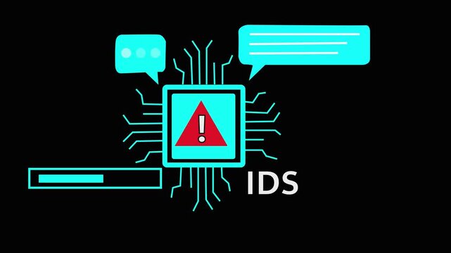 Digital Circuit Board with IDS Warning Symbol on Black Background intrusion detection system. 4k