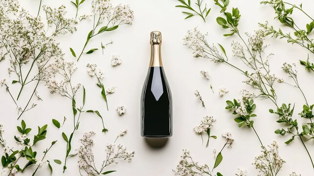 A bottle of champagne surrounded by white flowers and greenery on a white background for Easter celebration