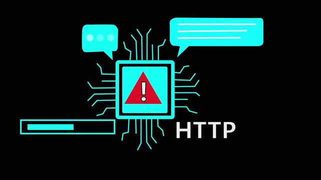 Digital Network Protocol HTP Error Warning with Circuit Board Globe and Chat Bubbles Keywords: HTP, protocol, network, technology, data, transfer, communication, error, warning, alert. 4k 