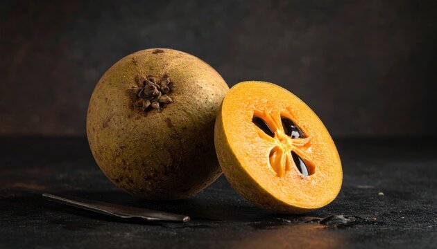 Sapodilla fruit still life: ripe whole sapote and cross section showing seeds on dark background for healthy eating concepts