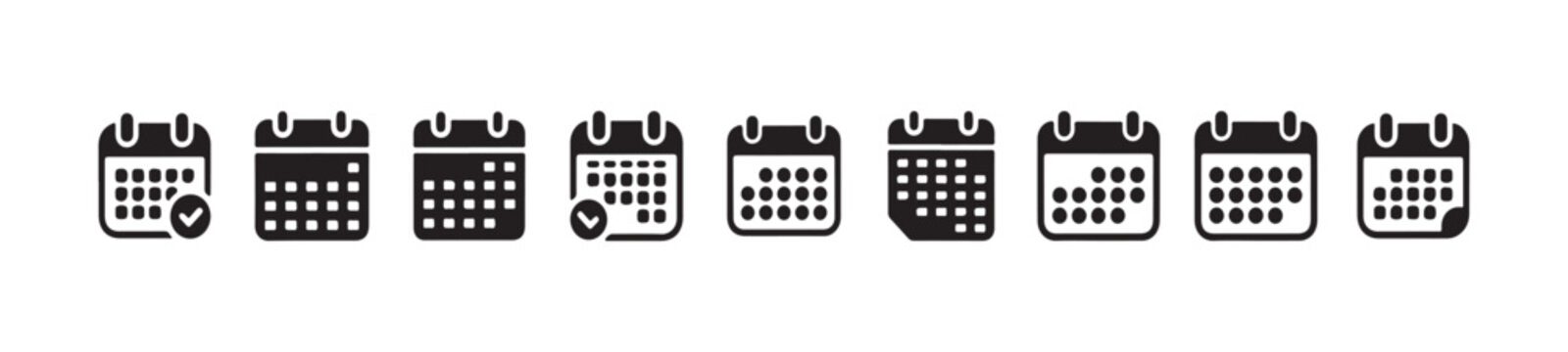 Collection of flat calendar icons with subtle visual cues for important dates and marked days