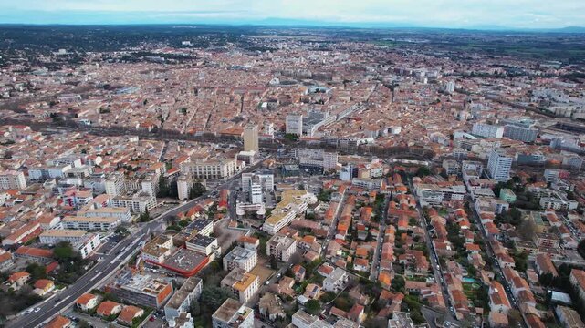 A panoramic aerial view of the old town of Nimes in France on a sunny day in early spring in France