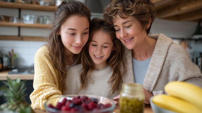 Three generations of family prepare probiotic-rich breakfast smoothies together in colorful kitchen, fresh fruits and yogurt containers arranged on counter, perfect for gut health and contemporary n