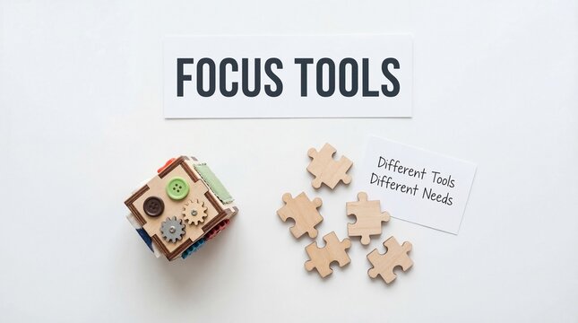 Focus Tools and Puzzle Pieces on Clean White Surface 4K