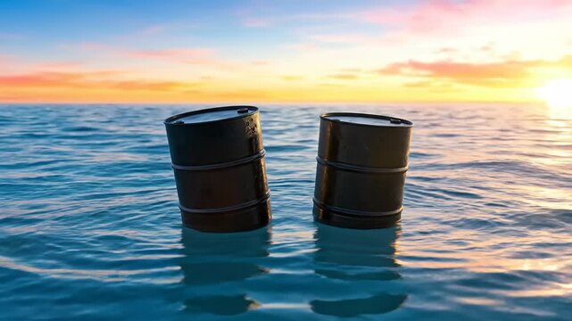 Black oil barrels floating in ocean during sunset. Metal drum drifting in calm sea water. Global crude oil supply shipment and marine environmental hazard concept.