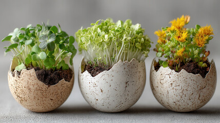 Fototapeta premium cracked eggshells used as planters for microgreens, bright and fresh spring concept, minimal white background, creative and eco-friendly composition