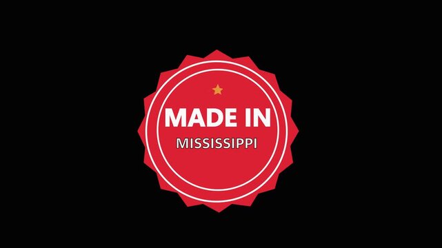Made in Mississippi Round Stamp Badge Animation.Animated Red stamp with made in Mississippi . Suitable for labeling products, indicating origin or adding cultural touch to designs. 4k video