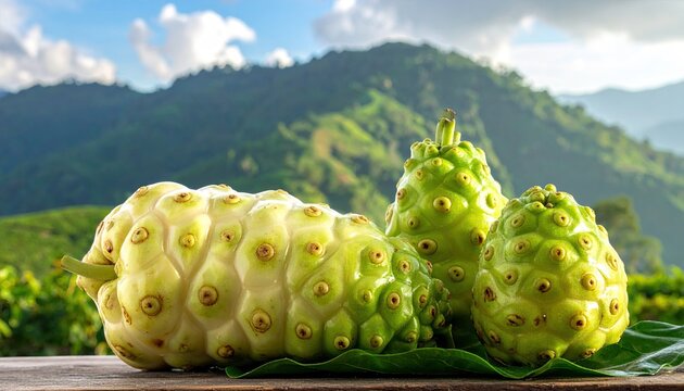 Three fresh noni fruits displaying vibrant green and yellowish hues on a wooden surface against a scenic mountain backdrop