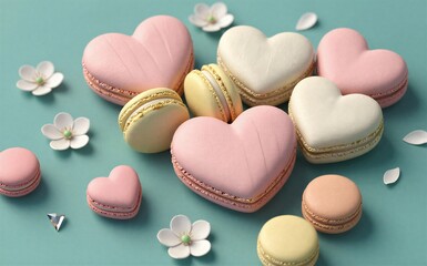 Fototapeta premium Heart-shaped macarons and delicate white flowers on a soft teal