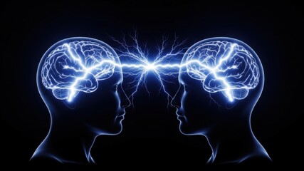 Obraz premium Two people's heads with glowing blue brains connected by electricity