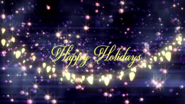 Animation of happy holidays text over light spots on black background