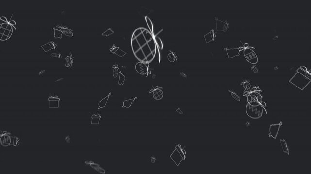 Animation of red confetti and white christmas items floating on black background