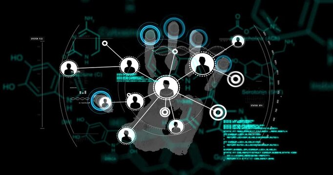 Animation of network of connections with icons over diverse data and fingerprints