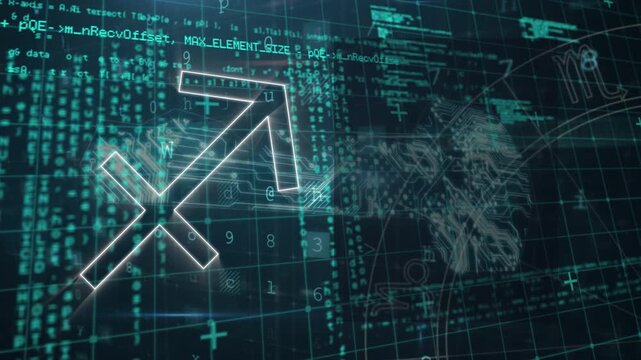 Animation of sign and key icon over data processing on black backgorund