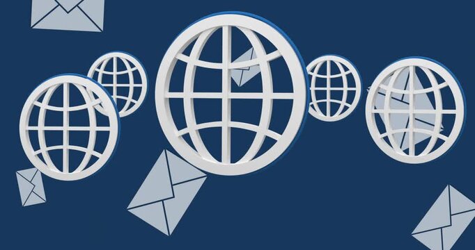 Animation of globe and envelope email icons on blue background