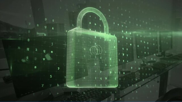Animation of digital padlock with numbers over computers in office