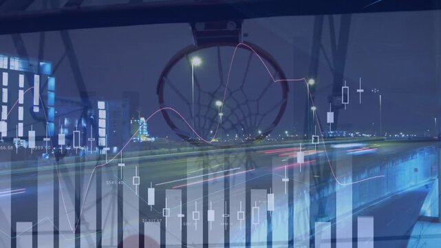 Animation of financial data processing over basketball game and cityscape