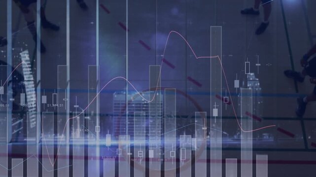 Animation of financial data processing over diverse basketball players and cityscape