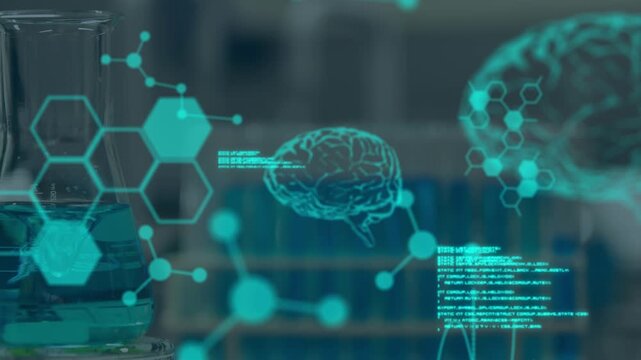 Animation of digital brain, molecules and data processing over empty lab