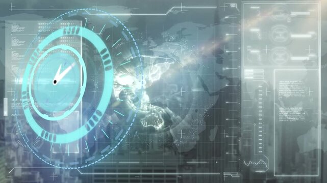 Animation of digital interface with clock over cityscape