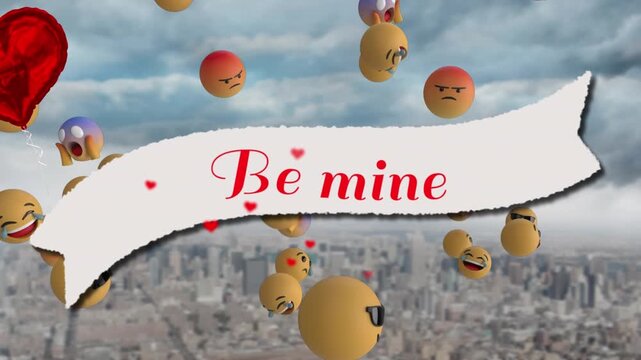 Animation of media and heart icons with be mine text over cityscape