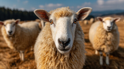 Fototapeta premium sheep standing and looking at camera in meadow, bright daylight, scenic countryside, peaceful and natural rural scene