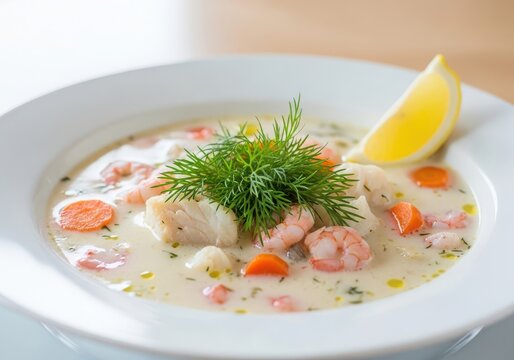 Delicious seafood chowder with shrimp and fish in creamy broth