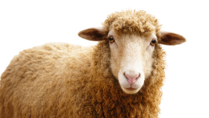 Close-up portrait of a domestic sheep with thick brown wool looking directly at viewer © Otillie