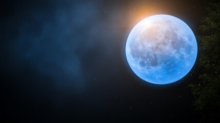Fototapeta premium A serene view of a luminous moon surrounded by soft clouds in the night sky.