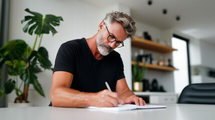 Fototapeta premium Focused mature man with glasses and gray beard writing in notebook at white desk in modern bright home, midlife reflection on personal life goals, planning and achievements.