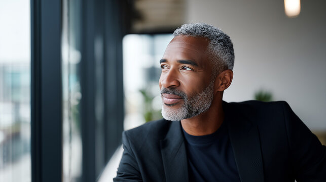 Thoughtful mature man in black blazer looking through office window with calm confident expression, reflecting on life achievements, midlife contemplation and leadership concept.