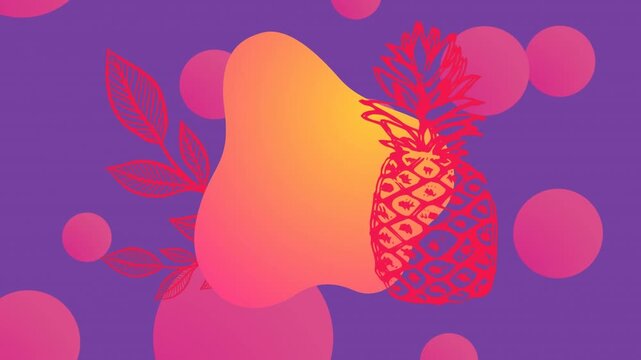 Animation of red pineapple and leaves over pink circles and shape on purple background
