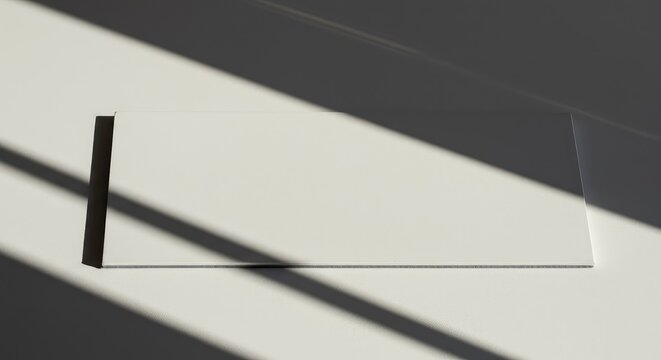 A sharp, defined shadow of an unseen object falls across a light, textured surface, emphasizing an empty, rectangular space. The negative space is prominent, depth, absence, line