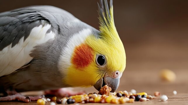Cockatiel bird with yellow crest and orange cheek patches pecks at seeds scattered on a wooden surface, showcasing vibrant plumage and detailed feathers