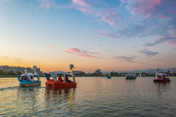 Fototapeta premium Colorful duck pedal boats on a calm lake at sunset with sky reflection. Peaceful lakeside scene with leisure activity, romantic mood, and relaxing atmosphere.