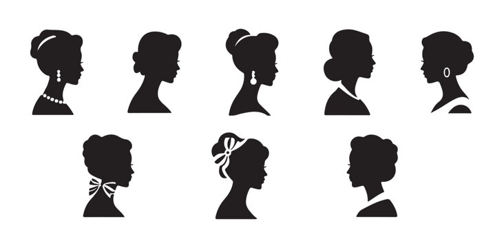 Victorian era women silhouettes, profile portraits with jewelry, retro style