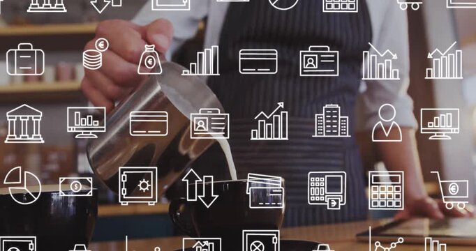 Animation of business icons over caucasian man preparing cup of coffee