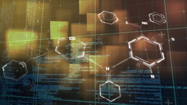 Animation of chemical formulas and data over yellow and brown background