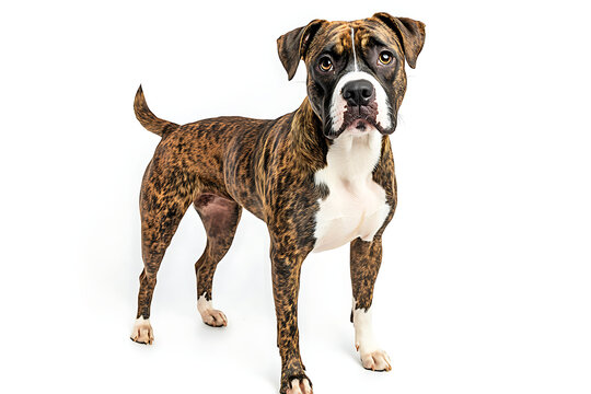 A brown and white boxer dog standing on a plain white background