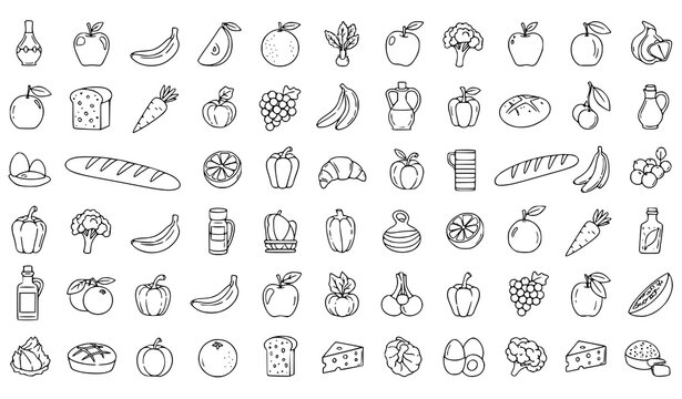 Food cuisine seamless pattern line art fruits vegetables vector illustration