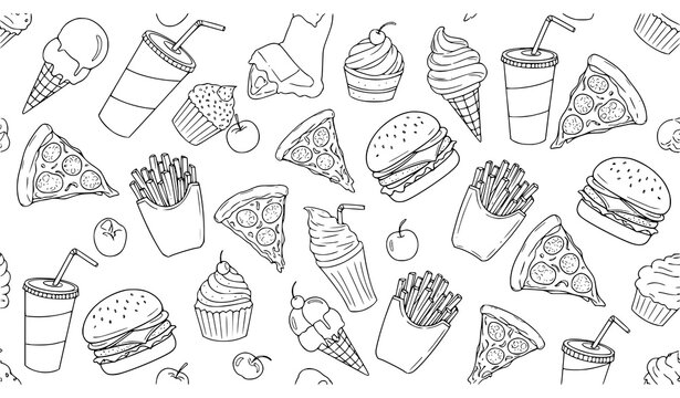 Fast food seamless pattern line art cuisine background vector illustration