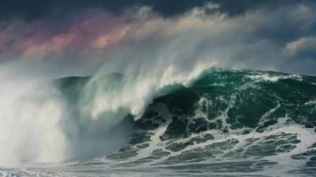 Epic ocean wave crashing under dramatic stormy sky with white water and powerful energy in nature.