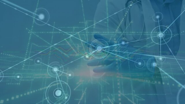 Animation of network of connections with icons over doctor with stethoscope