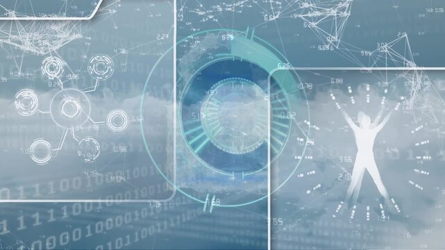 Animation of graphical interface with eyeball, human body, numbers around dots connecting with lines