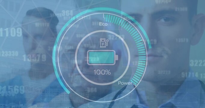Animation of graphical electric car gauge indicator showing battery charging over caucasian doctors