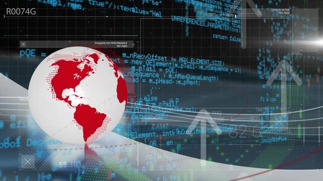 Animation of rotating globe with up arrows against computer programming language